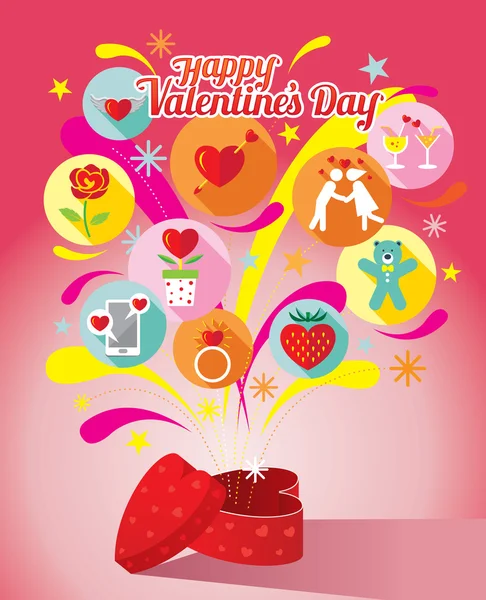 Heart-Shaped Gift Box with Love Icons and Valentine's Text — Stock Vector