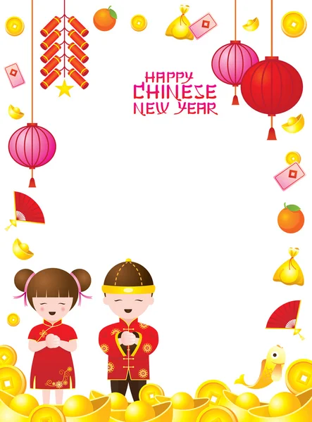 Chinese New Year Frame with Chinese Kids — Stock Vector