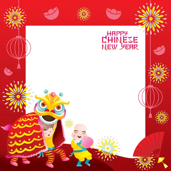 Κινέζικη Πρωτοχρονιά πλαίσιο με λιοντάρι χορό — Διανυσματικό Αρχείο