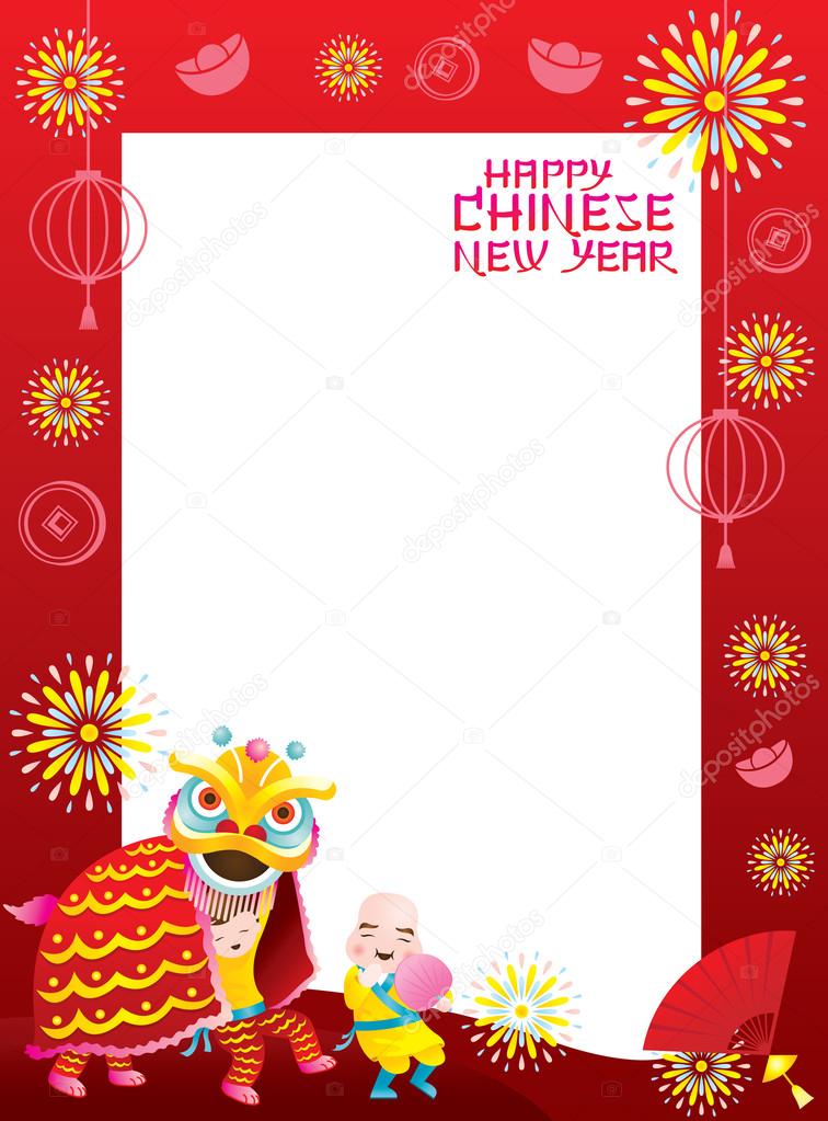Chinese New Year Frame with Lion Dancing