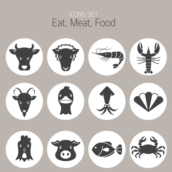 Ikony zestaw: Zwierząt mięso owoce morza i jedzenie — Wektor stockowy