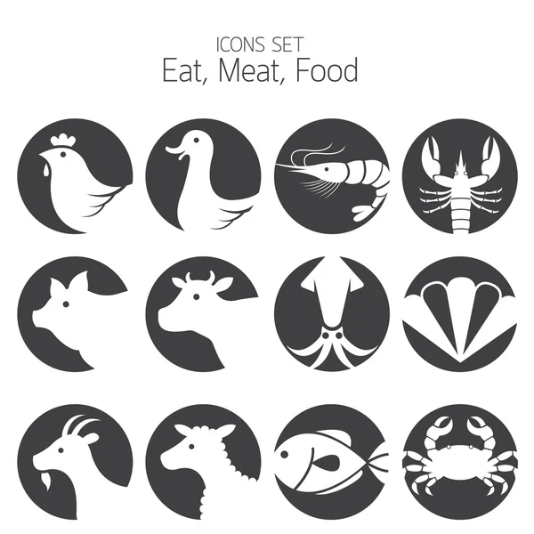 아이콘 설정: 동물 고기 해산물 및 식사 — 스톡 벡터