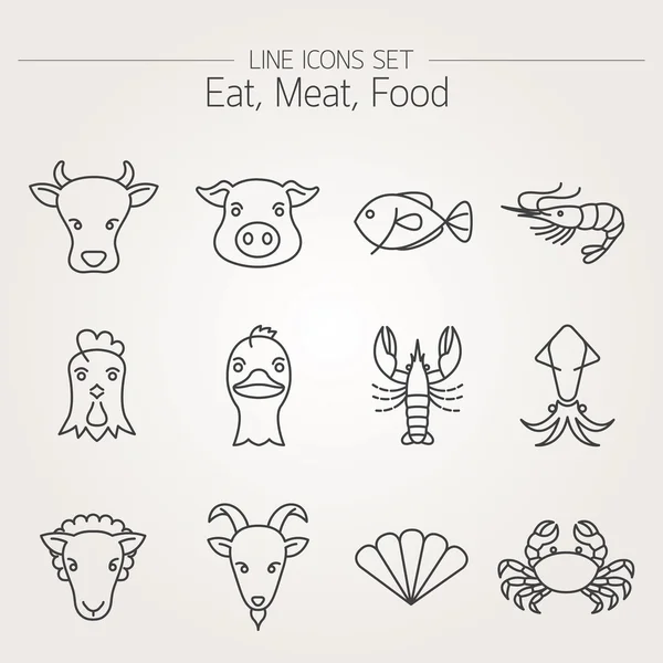 Conjunto de iconos: mariscos de carne animal y comer — Vector de stock