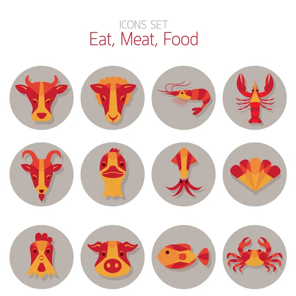 Conjunto de iconos: mariscos de carne animal y comer — Vector de stock