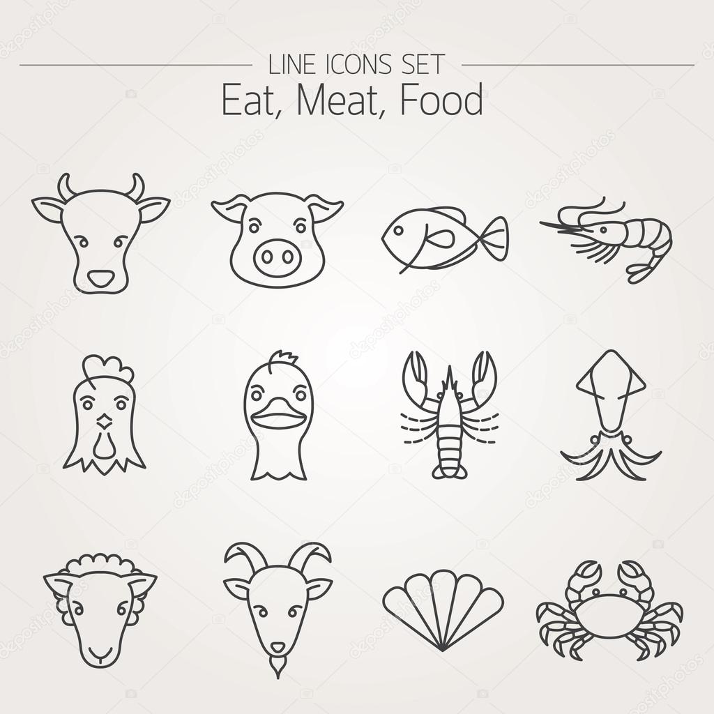 Icons Set : Animal Meat Seafood and Eating