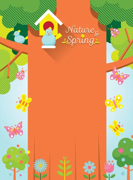 Spring Season Background with Bird & Big Tree — Stock Vector