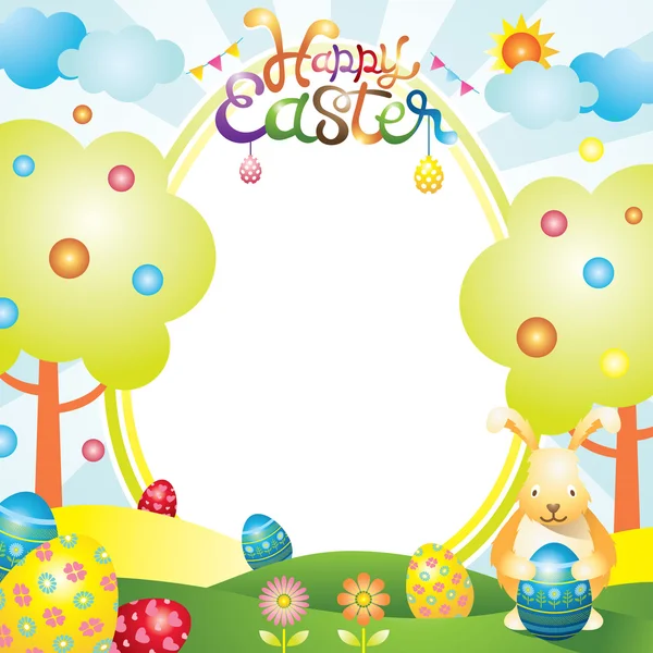 Easter with Bunny and Eggs Frame — Stock Vector