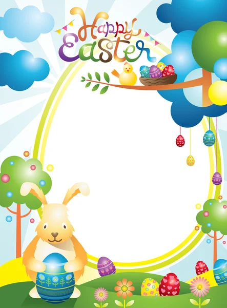 Easter with Bunny and Eggs Frame — Stock Vector