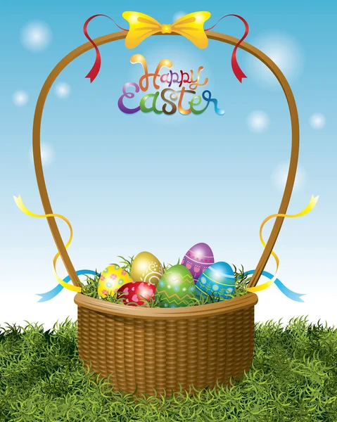 Easter Eggs in Basket and Ribbon Decorate — Stock Vector