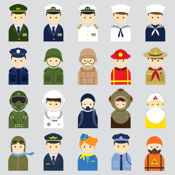 Varios símbolos de personas Oficial de iconos y conjunto de uniformes — Vector de stock