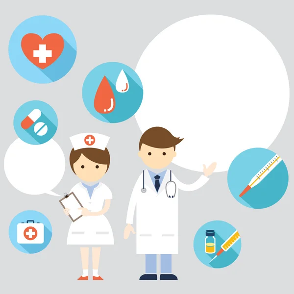Médecin et infirmière présents avec des icônes et de l'espace de copie — Image vectorielle
