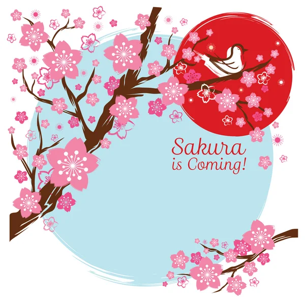 Flores de cerezo o Sakura con pájaro en la rama — Vector de stock