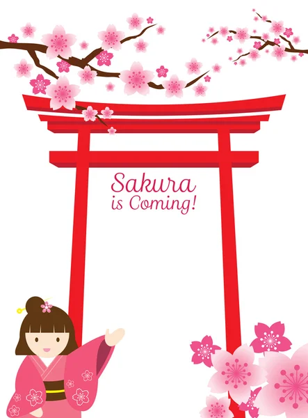 Цветущая вишня или Сакура с воротами Тори и девушкой Кимоно — стоковый вектор