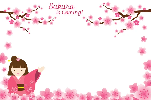 Menina em Kimono com flores de cerejeira ou flores Sakura Frame —  Vetores de Stock