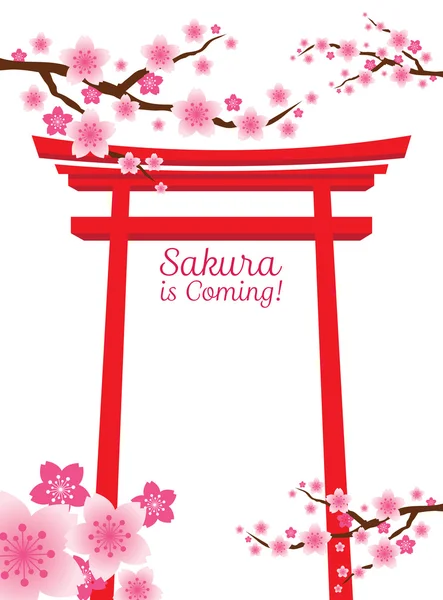 Cherry Blossoms eller Sakura blommor med Torii Gate — Stock vektor