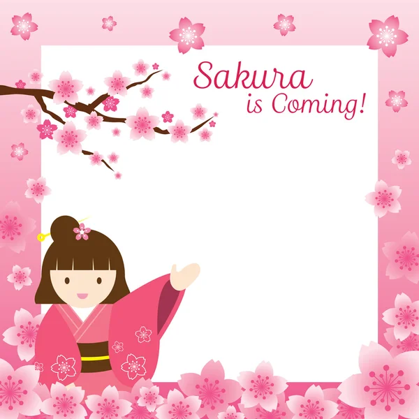 女孩在和服与樱花或樱花花框架 — 图库矢量图片
