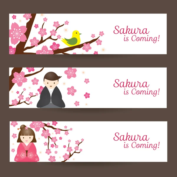 Flores de cerejeira ou flores Sakura com bandeira de casal japonês — Vetor de Stock