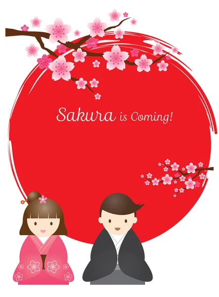 Άνθη κερασιάς ή Sakura λουλούδια με ιαπωνικό ζεύγος — Διανυσματικό Αρχείο