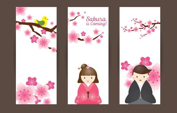 Flores de cerejeira ou flores Sakura com fundo de casal japonês — Vetor de Stock