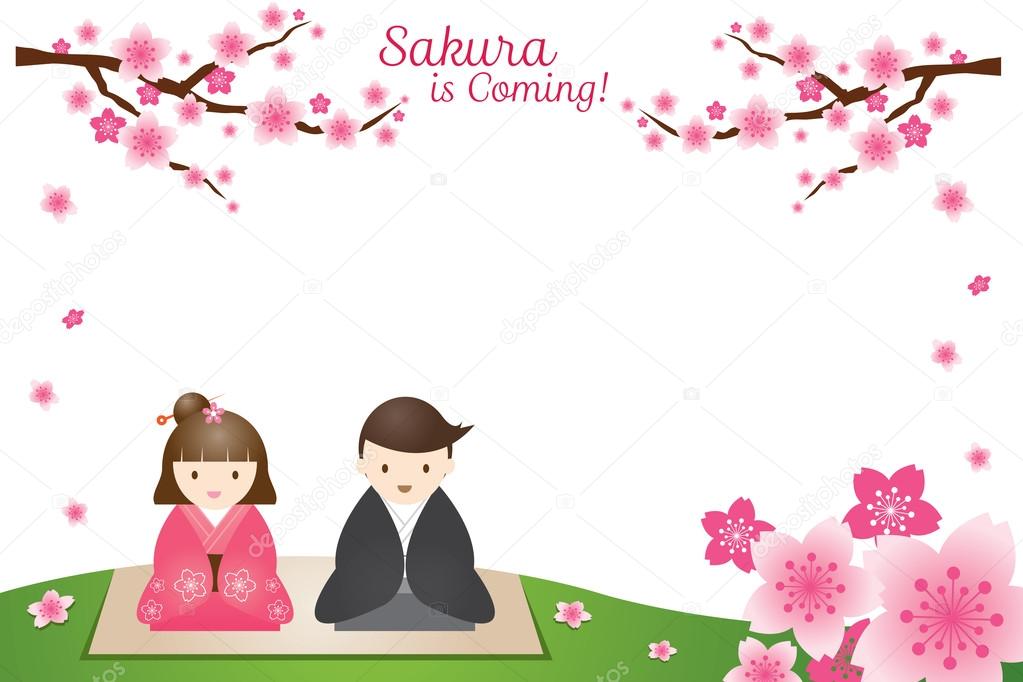 Cherry Blossoms or Sakura flowers with Japanese Couple