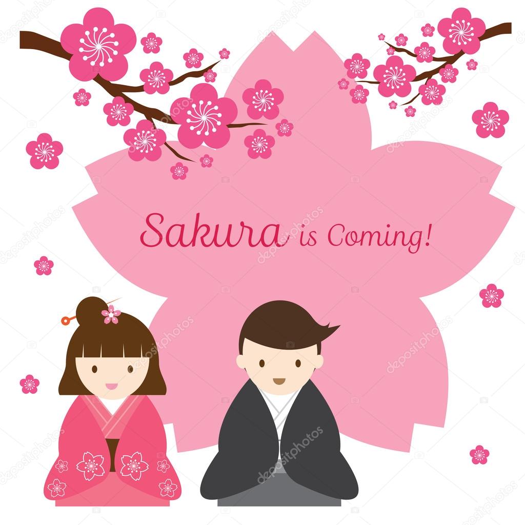 Cherry Blossoms or Sakura flowers with Japanese Couple