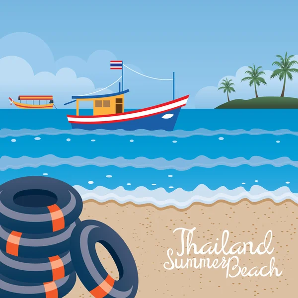 Tayland yaz plaj yüzmek halkalı, tekne ve ada — Stok Vektör