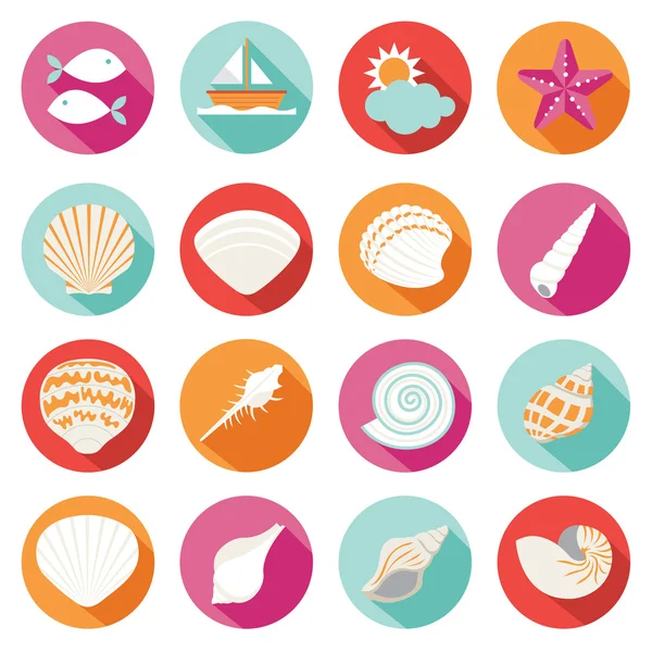 Deniz kabuğu düz ve yaz Icons Set — Stok Vektör