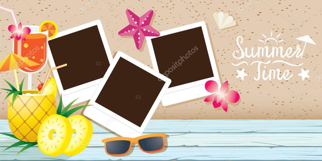 Pineapple Fruit and Summer Objects with Instant Film Frame Background