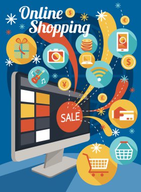 Bilgisayar monitörü ile satış ve Online alışveriş simgeleri