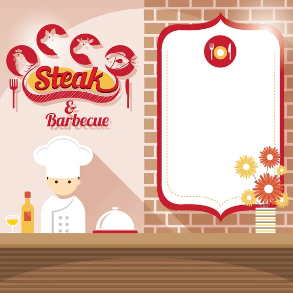 Chef en el mostrador de la tienda Steak House con signo en blanco — Vector de stock