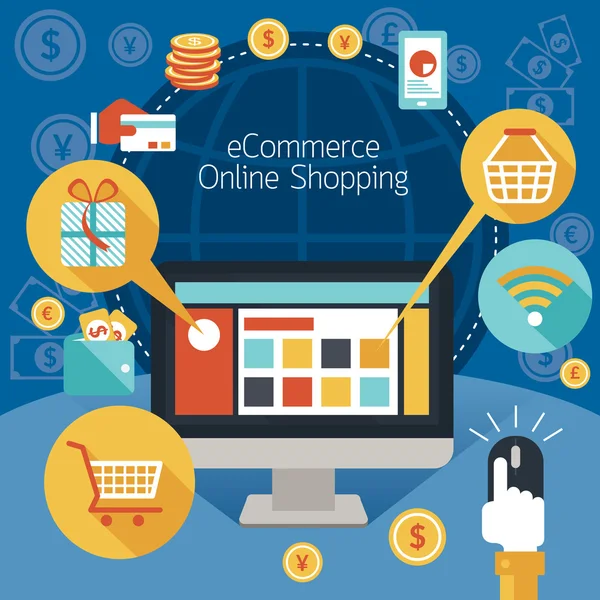 Monitor de computador com compras on-line, ícones de comércio eletrônico —  Vetores de Stock