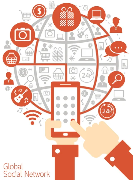 Handen houden en touch Mobile Smartphone met Online pictogrammen — Stockvector