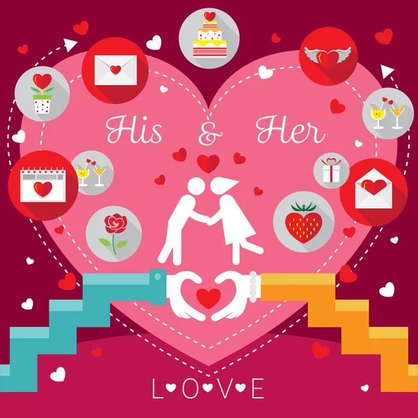 Molduras de casamento com as mãos, conceito de amor e ícones — Vetor de Stock