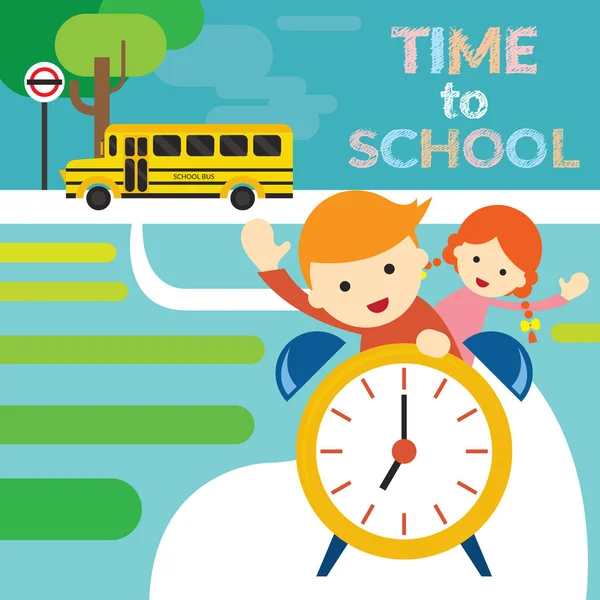 Boy and Girl Student Riding Alarm Clock to School - Stok Vektor