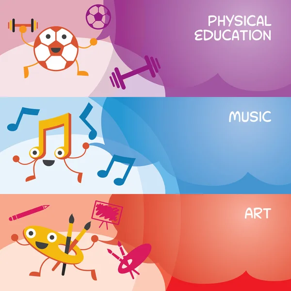 Personaggi educativi Banner, Fisica, Musica, Arte — Vettoriale Stock