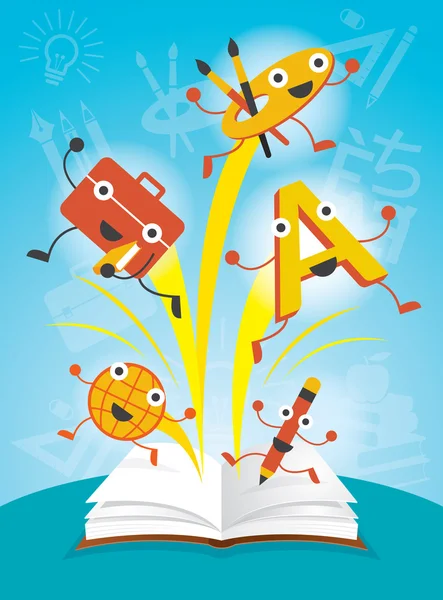 Education Characters Jump out Book, Arts Program — Stock Vector