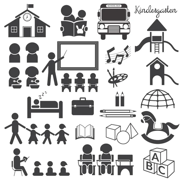 Jardin d'enfants, Prématernelle, Ensemble d'icônes mono — Image vectorielle