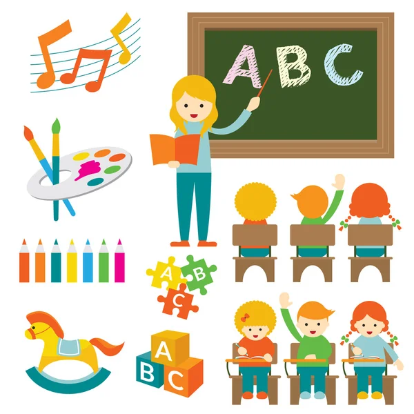 Kindergarten, Preschool, Teacher and Kids Set B — Stock Vector