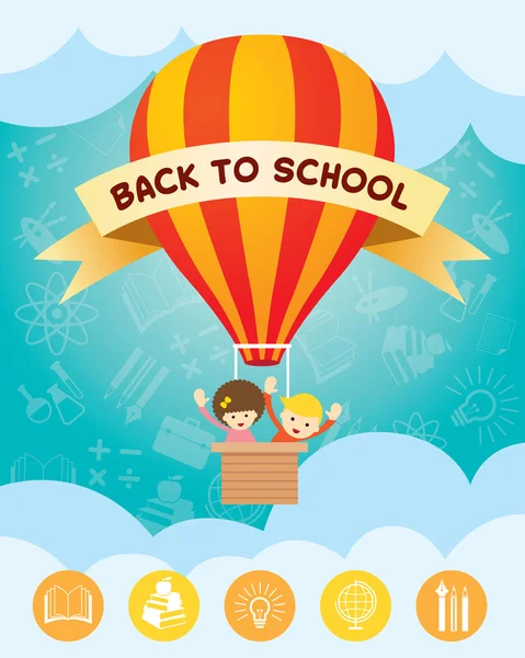 Anak-anak di Hot Air Balloon Kembali ke sekolah - Stok Vektor