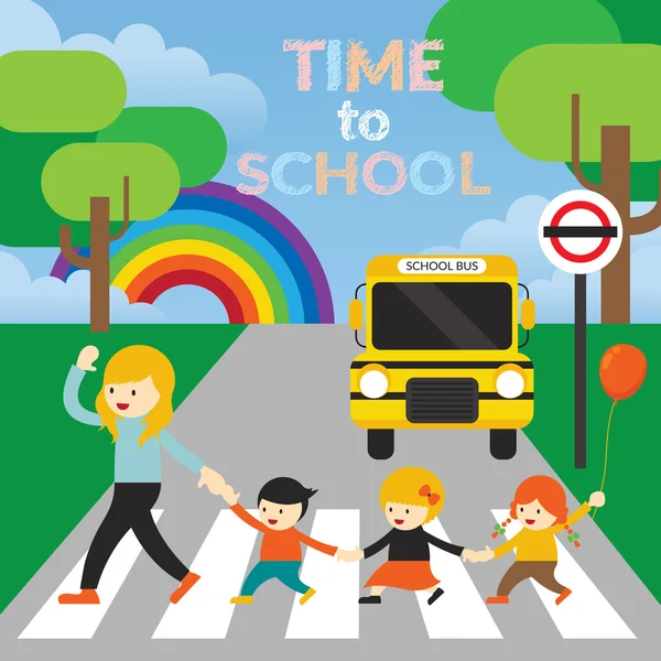 Professor levar crianças atravessar a rua para a escola —  Vetores de Stock