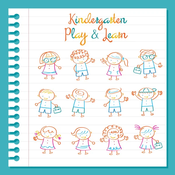 Kindergarten, Line Drawing Juego de personajes para niños — Vector de stock