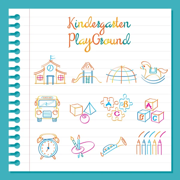 Jardín de infantes, Línea de dibujo de juguetes y juegos infantiles — Vector de stock