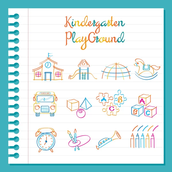 Taman Kanak-kanak, Line Drawing Toys dan Playground Set - Stok Vektor