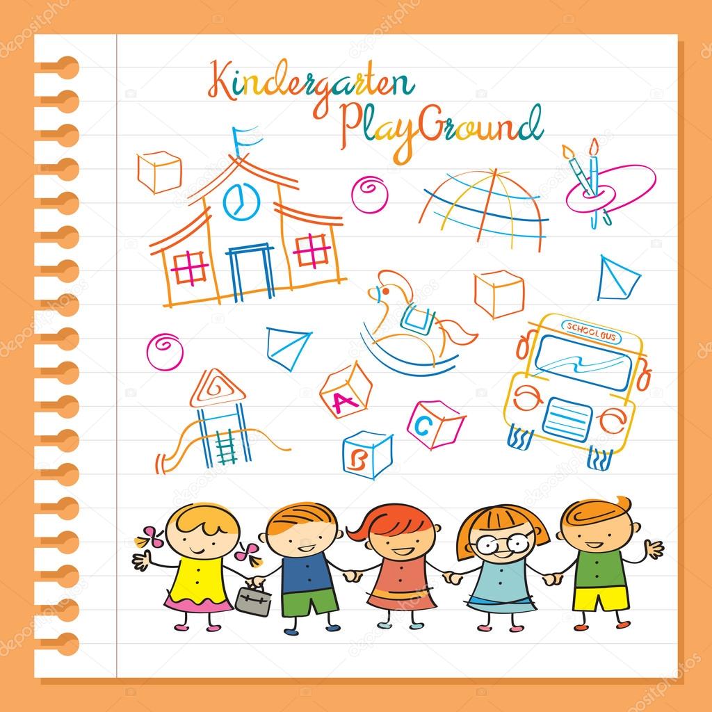 Kindergarten, Kids Characters and Playground Set