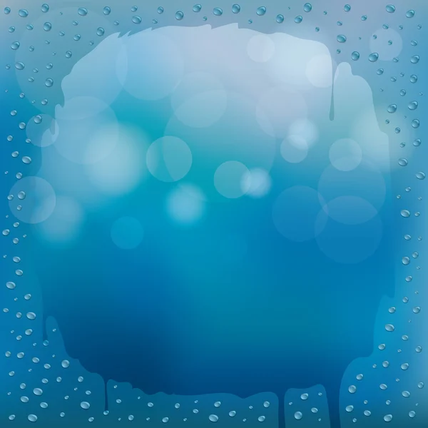 Gotas de agua en el fondo de cristal azul desenfoque con espacio redondo — Vector de stock