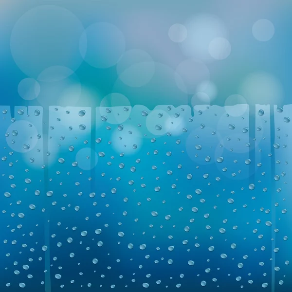 Gotas de agua en el fondo de cristal azul desenfoque con espacio horizontal — Vector de stock