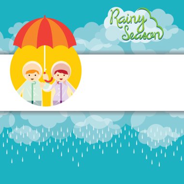 Erkek ve kız şemsiye yağmur mevsimi arka plan ve çerçeve