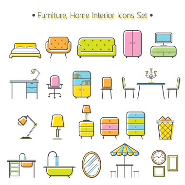 Mobilya çizgi Icons renkli Set