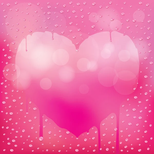 Gotas de agua en el fondo de cristal rosa desenfoque con espacio en forma de corazón — Vector de stock