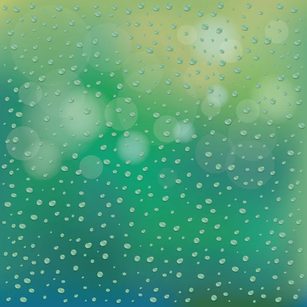Gotas de agua sobre fondo de desenfoque verde de vidrio — Vector de stock